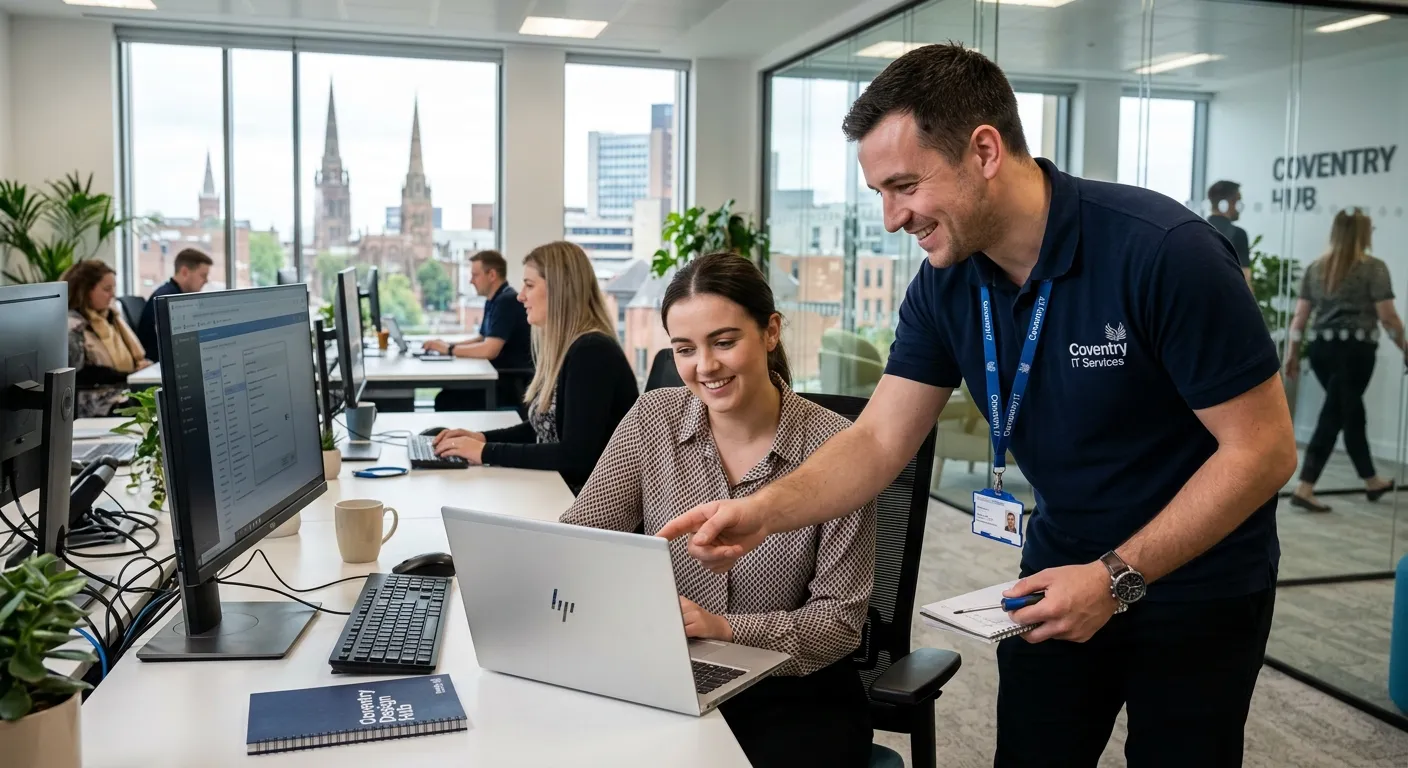 Professional and friendly IT Support Technician in a modern office environment in Coventry, helping a colleague with a laptop issue. The image should convey competence, approachability, and a dynamic work setting.