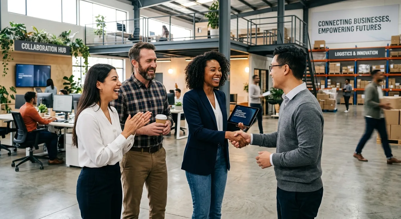 A dynamic, professional hero image showing a diverse group of people in a modern office or warehouse... A dynamic, professional hero image showing a diverse group of people in a modern office or warehouse setting, shaking hands and smiling. The mood is energetic, confident, and forward-moving, with a focus on connection and opportunity.