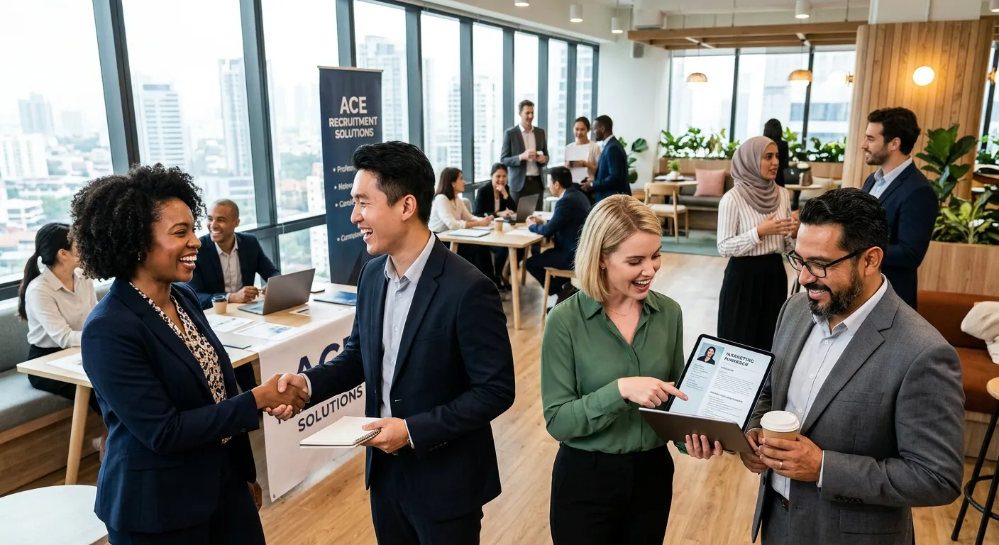 A professional, dynamic photo of a diverse group of business professionals and job seekers interacti... A professional, dynamic photo of a diverse group of business professionals and job seekers interacting in a modern, bright staffing agency office. Smiling faces, handshakes, and people reviewing documents on tablets. Style: authentic, high-resolution, corporate mood.