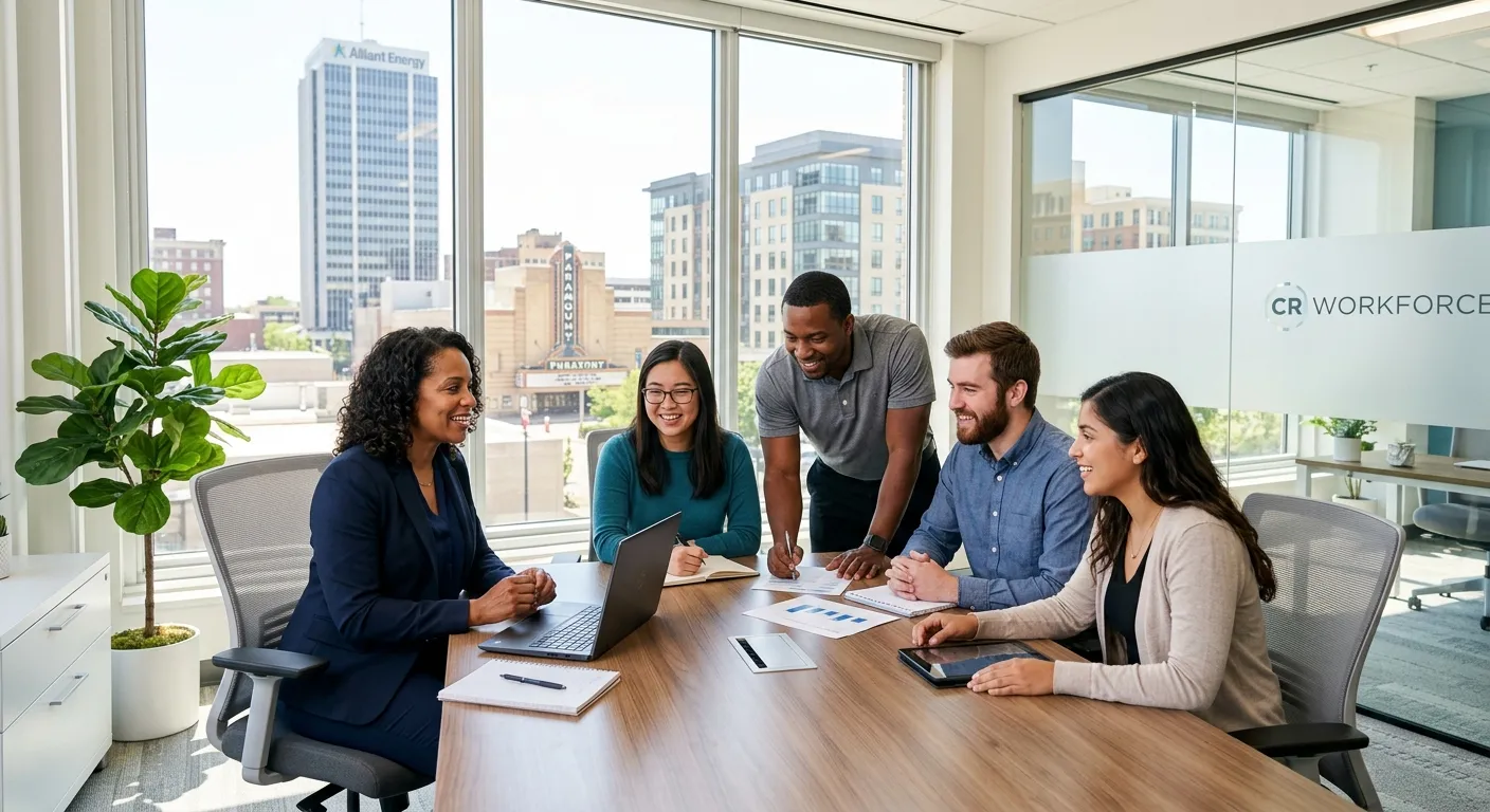 A modern, professional office in Cedar Rapids with diverse temp workers collaborating with a hiring manager. Bright, natural lighting, clean desks, and a cityscape view. Style: Professional corporate photography, vibrant and aspirational.