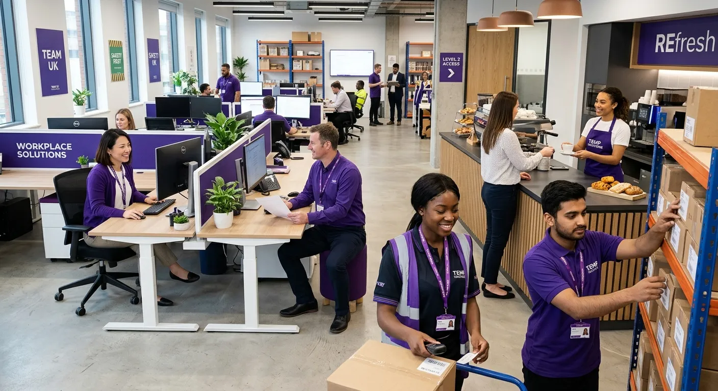 modern UK workplace scene showing diverse temporary staff in warehouse, hospitality, and office envi... modern UK workplace scene showing diverse temporary staff in warehouse, hospitality, and office environments, professional lighting, clean composition, royal purple accents, confident and trustworthy mood