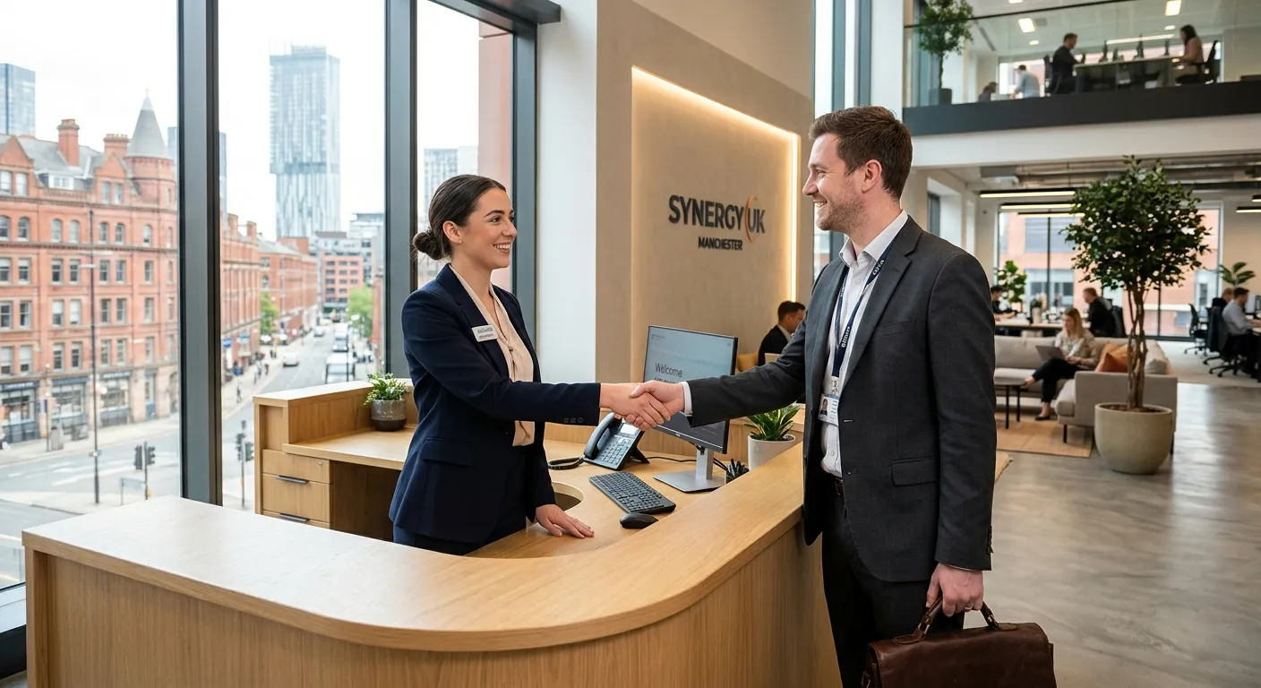 A professional, friendly receptionist in a modern Manchester office setting, warmly greeting a visit... A professional, friendly receptionist in a modern Manchester office setting, warmly greeting a visitor. The image should convey efficiency, a welcoming atmosphere, and a contemporary business environment.