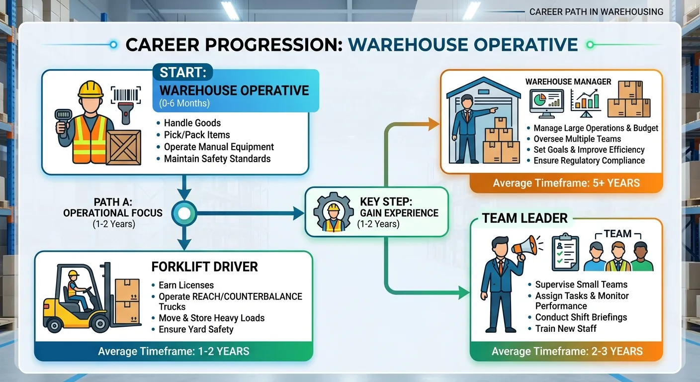An infographic flowchart showing the career progression from Warehouse Operative to Team Leader, For... An infographic flowchart showing the career progression from Warehouse Operative to Team Leader, Forklift Driver, and Warehouse Manager, with icons and average timeframes.