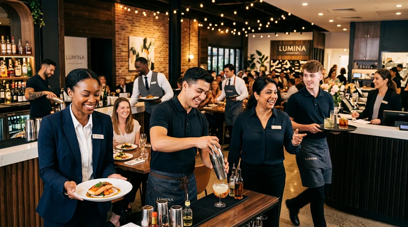 A dynamic, professional hero image showing a diverse team of hospitality staff in a modern restauran... A dynamic, professional hero image showing a diverse team of hospitality staff in a modern restaurant or event setting, smiling and working efficiently. The mood is energetic, professional, and solution-oriented.