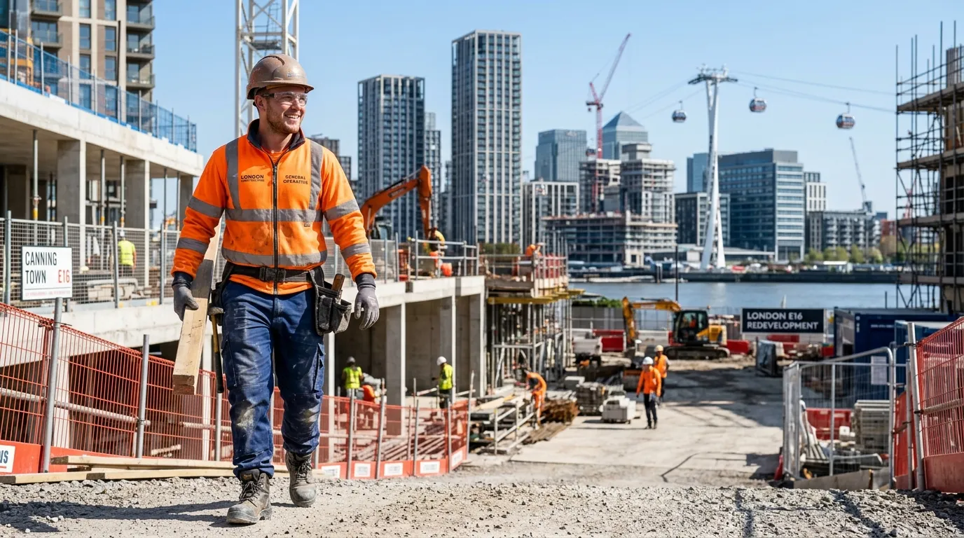 A professional, bright hero image of a hard-working Labourer / General Operative on a busy London E16 site, wearing high-visibility clothing and safety boots, with modern construction, logistics, and redevelopment buildings in the background; clean, trustworthy, energetic mood.