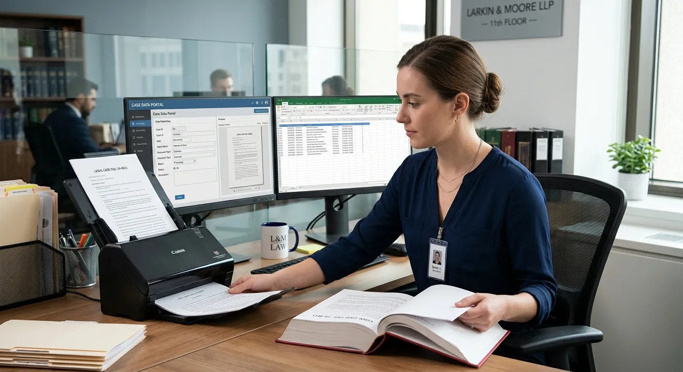 A professional, focused Data Entry Clerk in a modern law office, carefully scanning a bound legal do... A professional, focused Data Entry Clerk in a modern law office, carefully scanning a bound legal document with a high-quality scanner, with a dual monitor setup showing a database interface in the background.