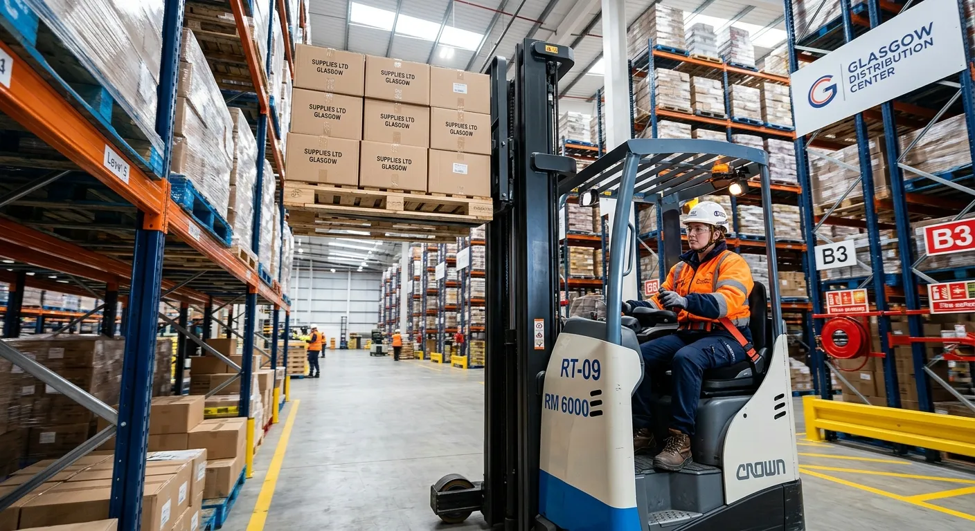 A professional, high-energy photograph of a reach truck operator in a modern, clean warehouse in Glasgow, carefully manoeuvring a pallet at height. The operator is wearing full PPE and the image conveys safety, skill, and efficiency.
