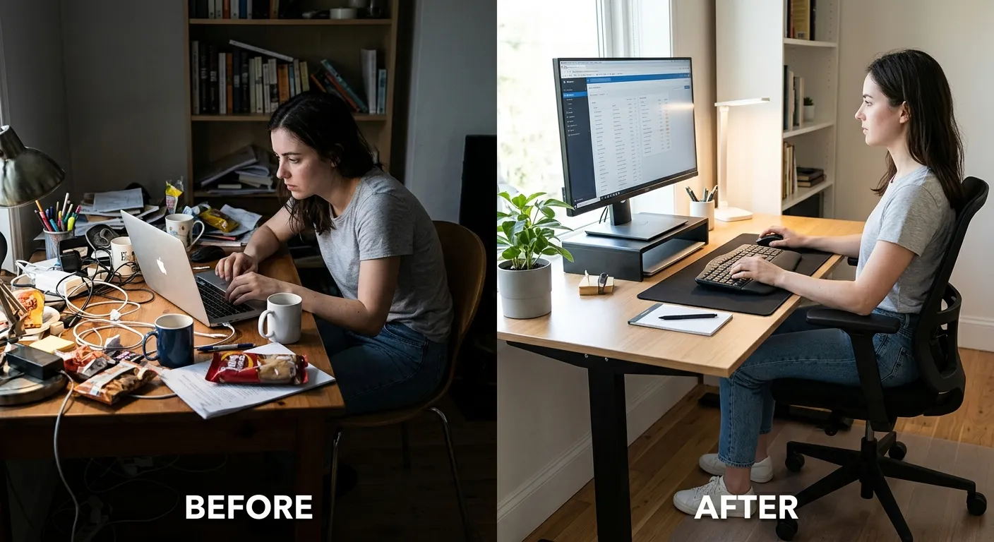 A split-screen image showing a before-and-after scenario. On the left, a person slouches at a cluttered desk with a laptop. On the right, the same person sits with neutral posture at an organized desk with an external monitor, keyboard, and proper lighting.