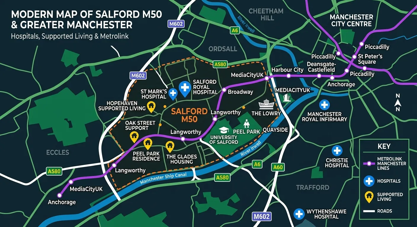 A modern map of Salford M50 and Greater Manchester highlighting key hospitals, supported living loca... A modern map of Salford M50 and Greater Manchester highlighting key hospitals, supported living locations, and transport routes like the Metrolink