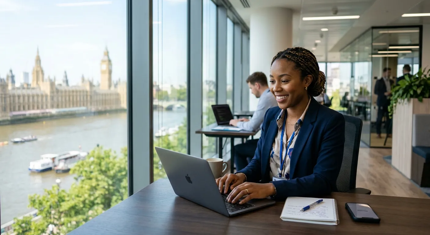 A professional, confident-looking IT contractor of diverse background, smiling and working on a laptop in a modern office setting in London, with visible landmarks like the Palace of Westminster in the blurred background. Style: professional, aspirational, high-quality photography.