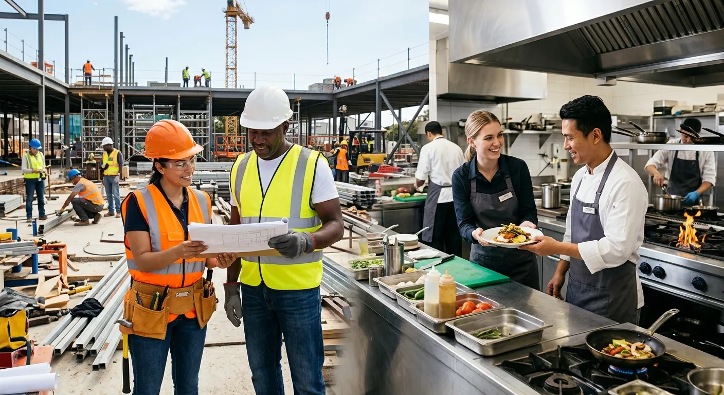 A dynamic, professional photo of a diverse team of temporary workers in high-visibility vests and hospitality uniforms collaborating on a modern construction site and in a bustling hotel kitchen, representing the broad scope of labouring agencies. Style: Professional, vibrant, and action-oriented.