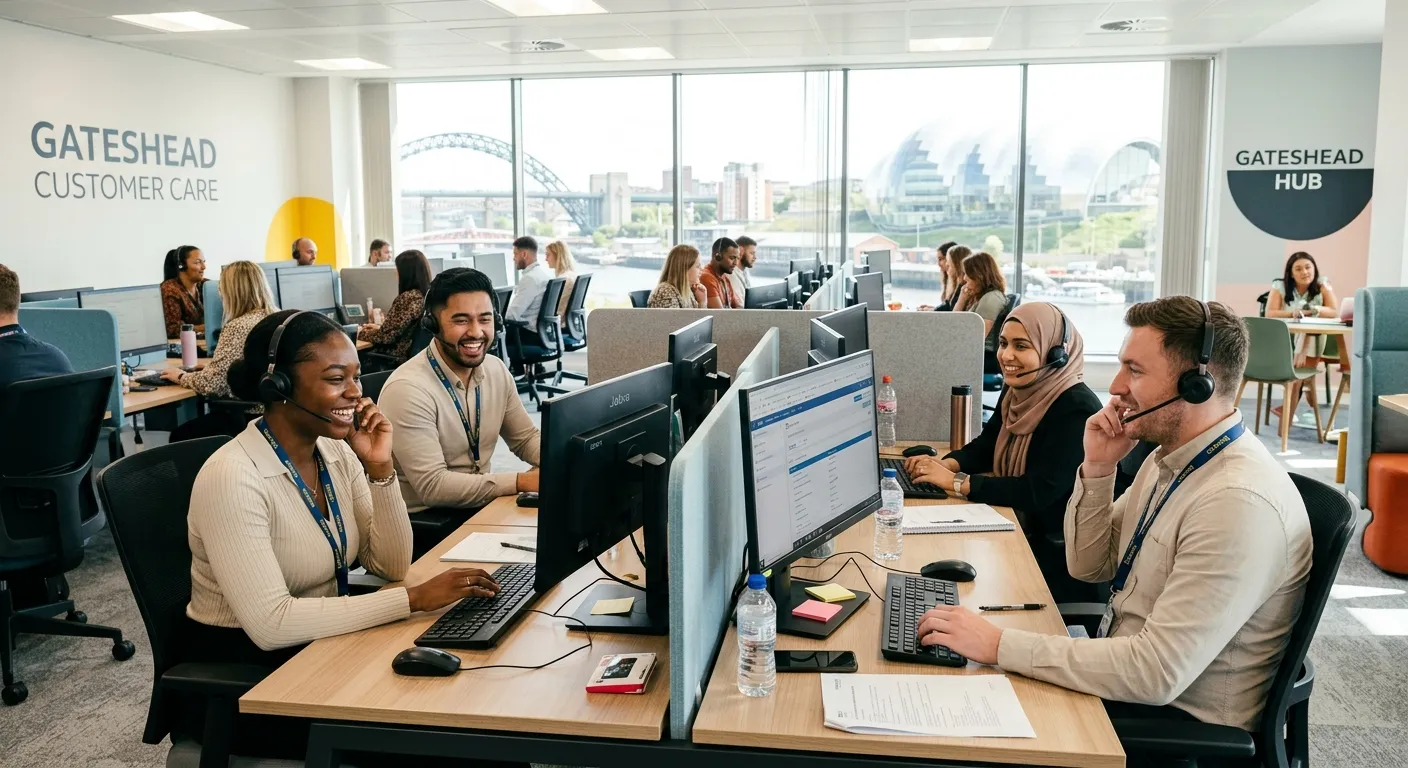 A professional, diverse team of customer service advisors working in a modern, bright contact centre in Gateshead. They are wearing headsets, smiling, and interacting with computer screens. The mood is energetic, professional, and collaborative.