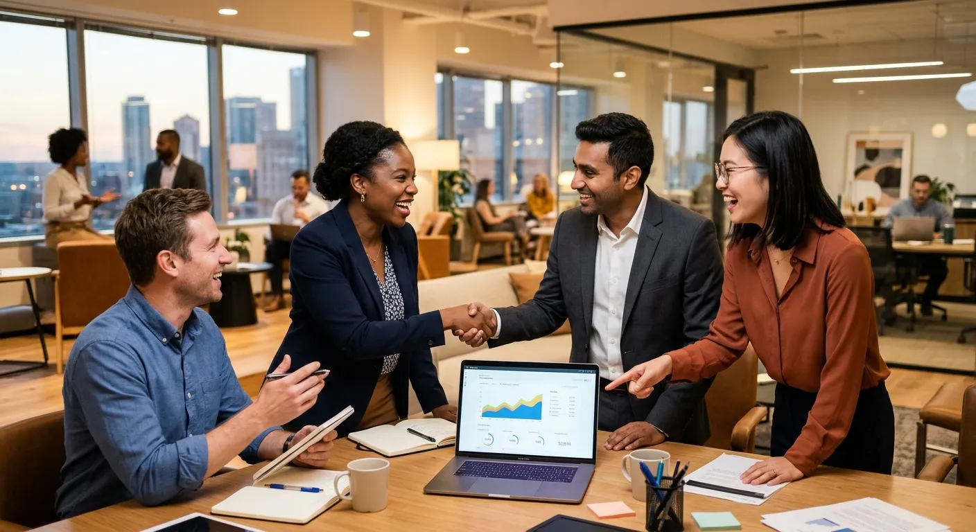 A dynamic, high-energy business team collaboration in a modern office, diverse professionals shaking hands and discussing over a laptop, professional corporate style, warm lighting