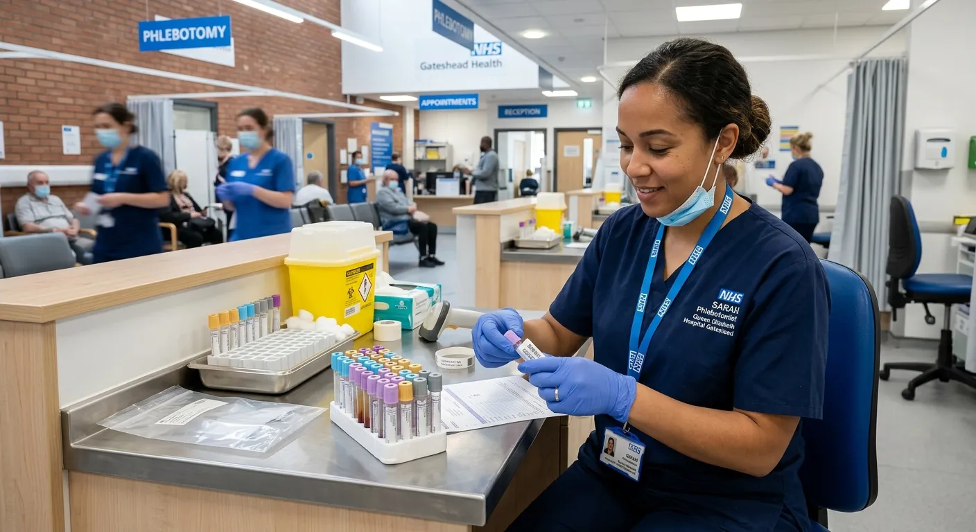 A realistic, professional photo of a phlebotomist preparing blood sample tubes on a clean clinical counter in a modern NHS-style sampling clinic in Gateshead