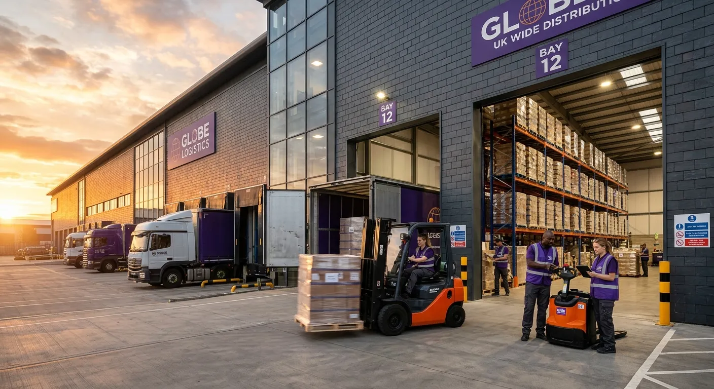 Modern UK logistics warehouse at golden hour, diverse warehouse operatives, forklifts, loading bays,... Modern UK logistics warehouse at golden hour, diverse warehouse operatives, forklifts, loading bays, clean corporate style, royal purple and slate tones, professional and energetic mood