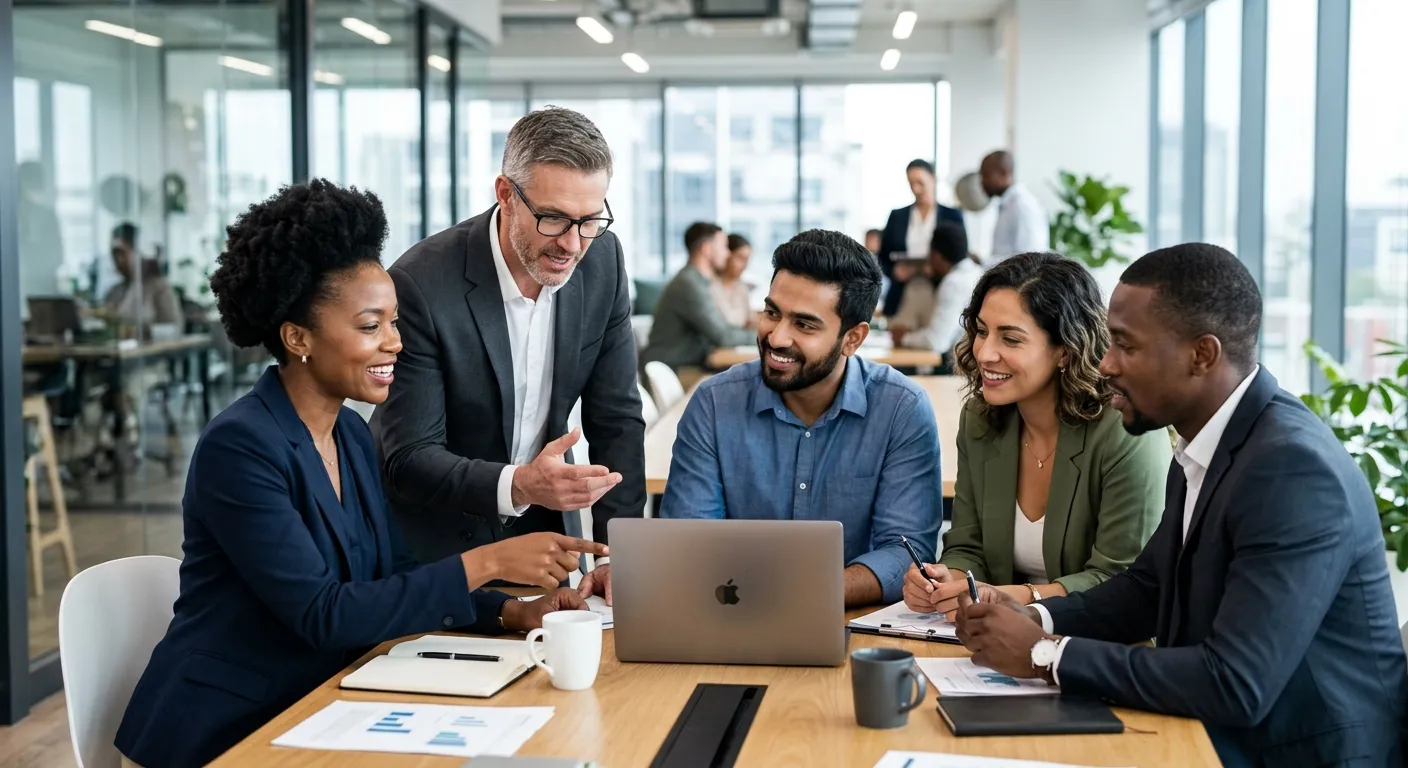 A professional, high-contrast image of a diverse team of business professionals in a modern office s... A professional, high-contrast image of a diverse team of business professionals in a modern office setting, collaborating around a laptop. Focus on confident body language and engagement. Style: corporate, vibrant, sharp focus.
