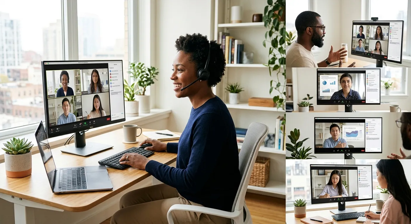 A diverse team of remote professionals collaborating on digital screens in a modern, bright home off... A diverse team of remote professionals collaborating on digital screens in a modern, bright home office setting. Style: Clean, professional, with a focus on technology and connection.