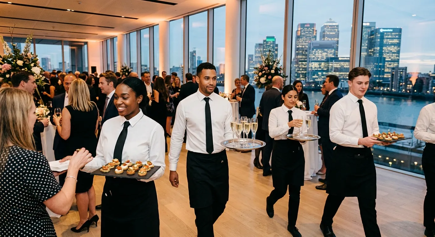 A professional, dynamic shot of a diverse team of Event Waiting Staff in crisp white shirts and black attire, confidently serving canapés and drinks at a sophisticated corporate event in a modern Canary Wharf venue with floor-to-ceiling windows and city skyline views. Style: authentic, high-energy, professional. Mood: polished, efficient, and welcoming.