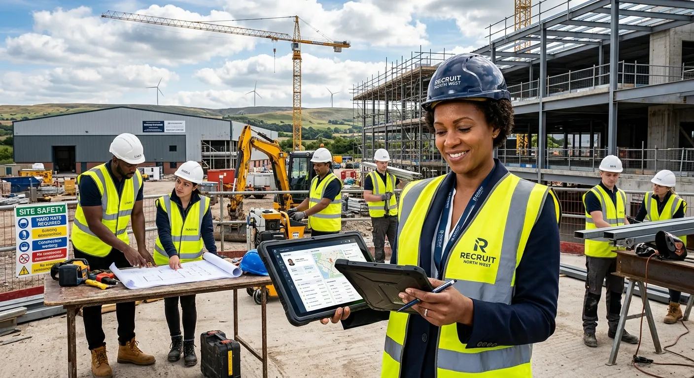 A professional, diverse team of construction and warehouse workers collaborating on a modern buildin... A professional, diverse team of construction and warehouse workers collaborating on a modern building site in the North West, with a recruitment consultant in the foreground reviewing a digital tablet. Style: professional, aspirational, high-contrast.