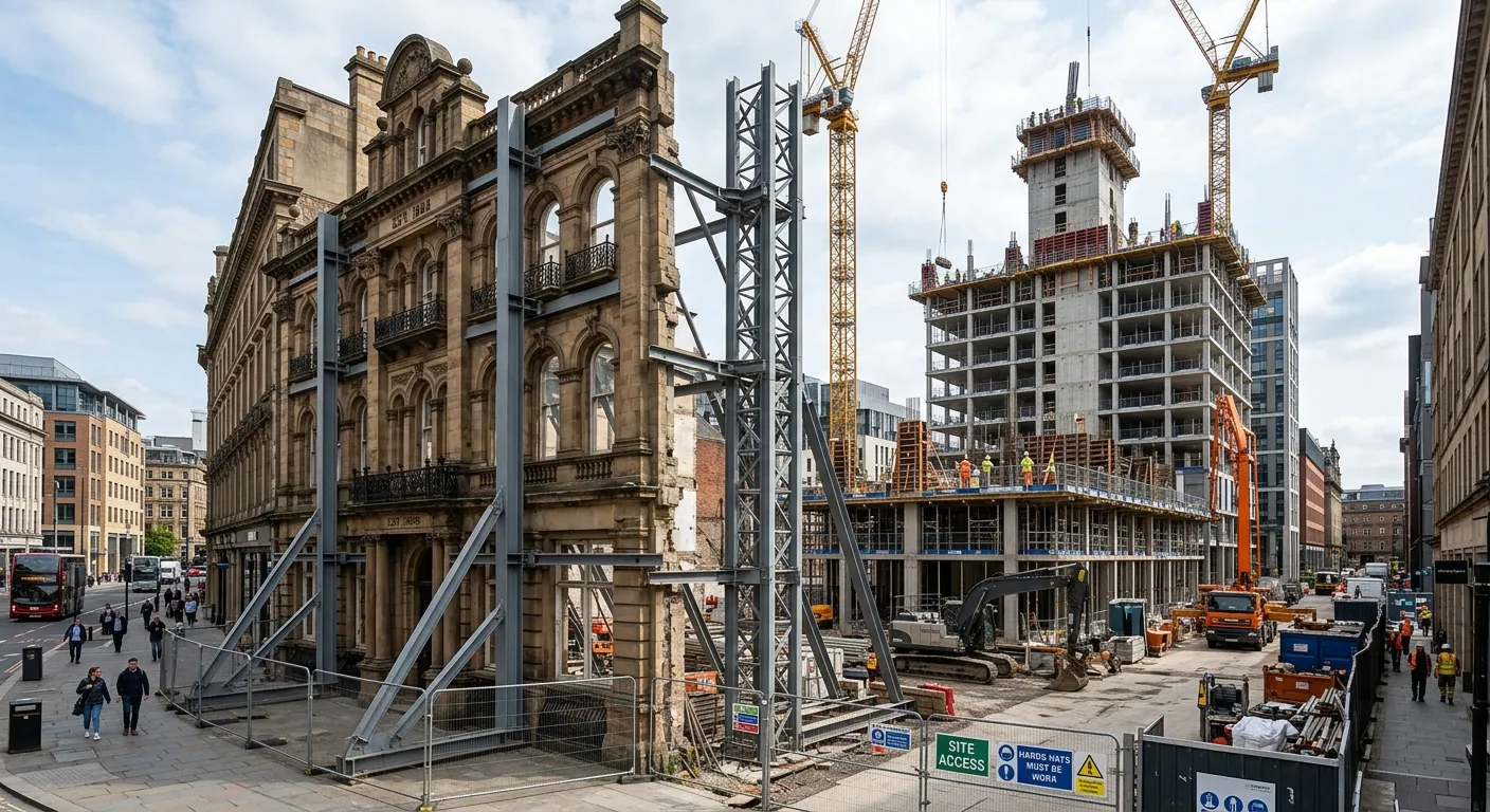 A construction site in a city centre, showing a historic building facade being supported by temporary structural props, with modern construction happening behind it.