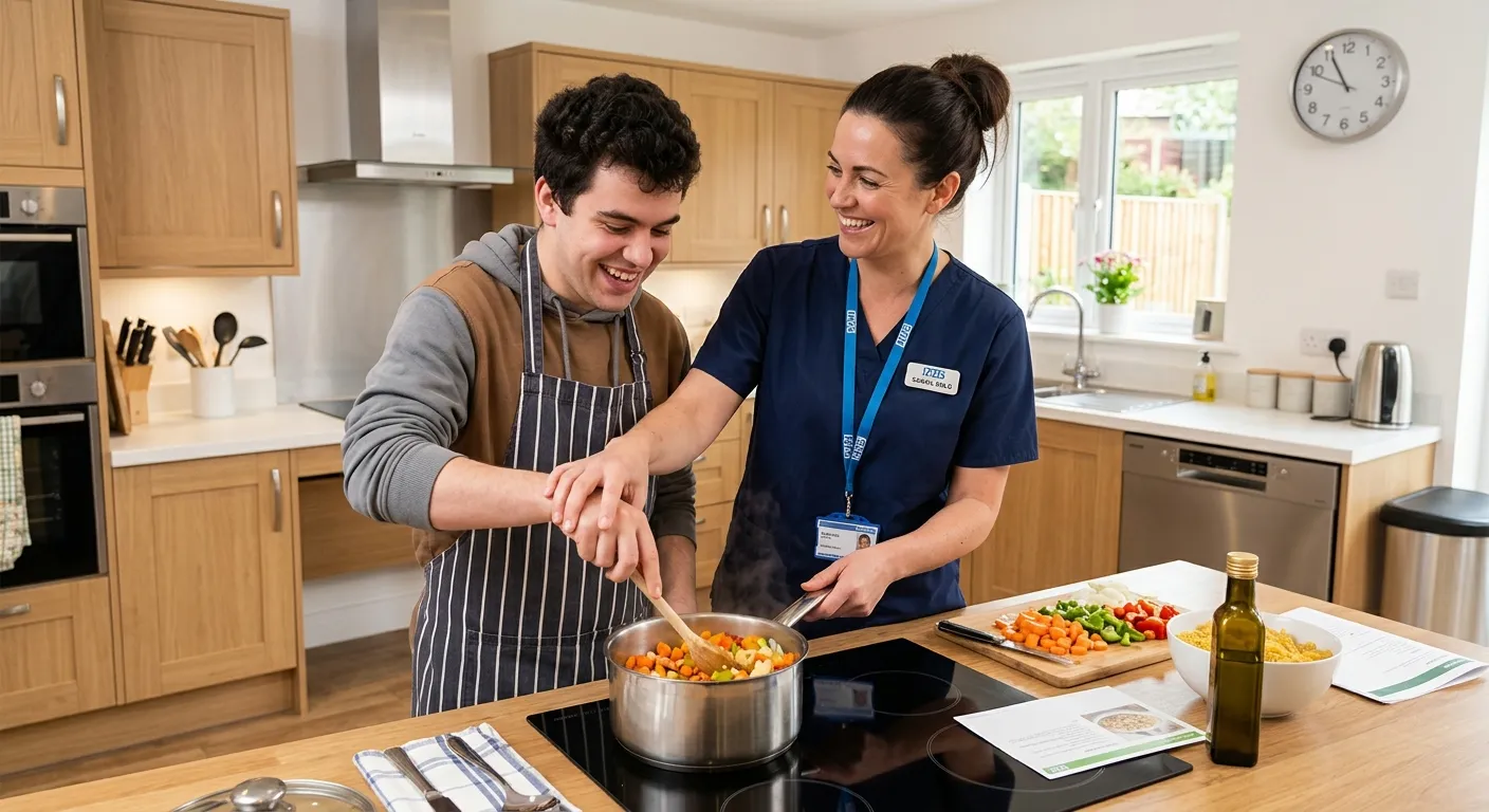A friendly, professional RNLD in scrubs smiling while supporting a young adult with a learning disab... A friendly, professional RNLD in scrubs smiling while supporting a young adult with a learning disability to cook a simple meal in a modern, accessible kitchen.