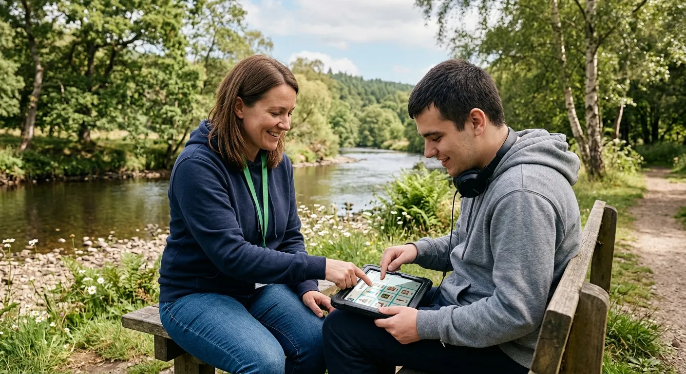 A compassionate Support Worker calmly assisting a young adult with autism in a peaceful, natural setting by a river, using a tablet-based communication device. The scene should feel supportive, modern, and focused.