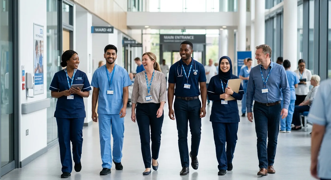 A professional, diverse group of NHS bank staff in scrubs and casual attire, smiling confidently in a modern hospital corridor, representing flexibility and opportunity. Style: modern, bright, professional healthcare setting. Mood: empowering and informative.