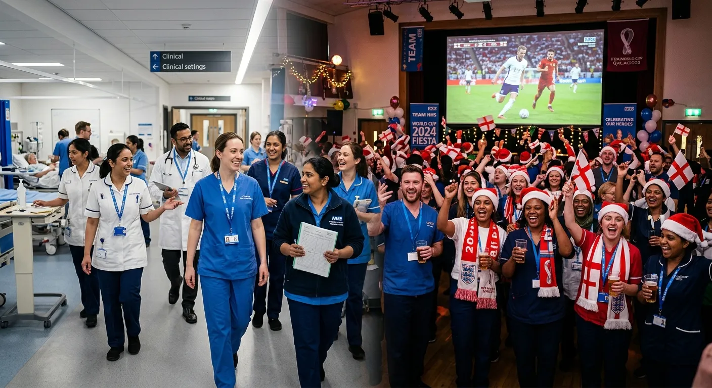 A dynamic, professional composite image showing NHS staff in a hospital setting transitioning to a festive event scene with a large screen showing a World Cup match. The mood is energetic, professional, and celebratory, blending healthcare and event themes.