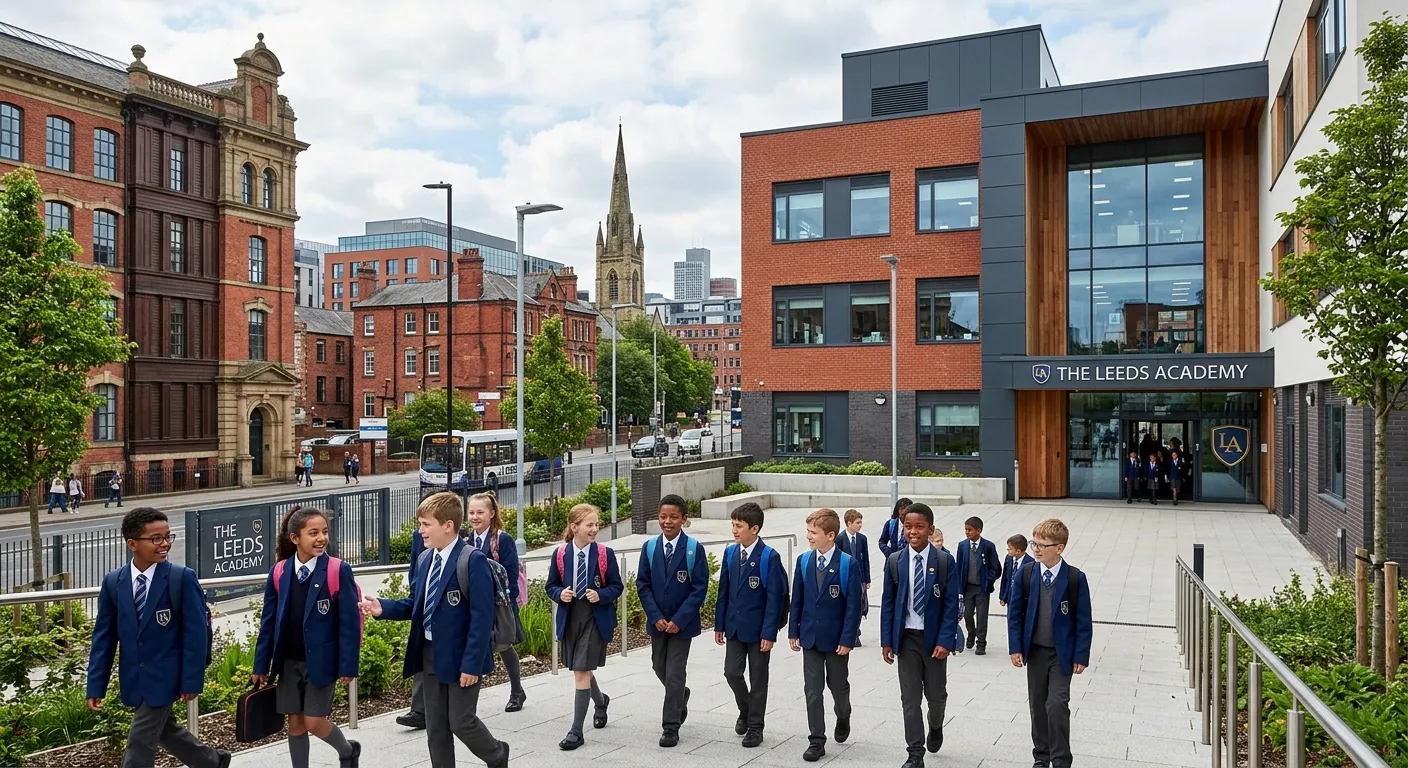 A modern school building in a Leeds urban setting, with a mix of historical and new architecture, sh... A modern school building in a Leeds urban setting, with a mix of historical and new architecture, showing children in uniform in the foreground.