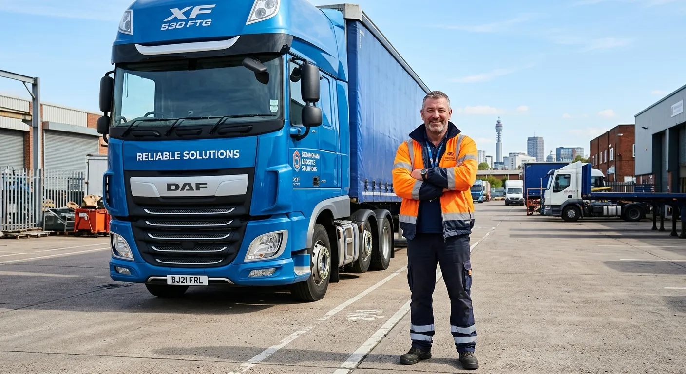 A professional, confident HGV driver in high-visibility clothing standing proudly next to a modern Class 1 articulated lorry in a Birmingham industrial estate, sunny day, conveying reliability and opportunity.