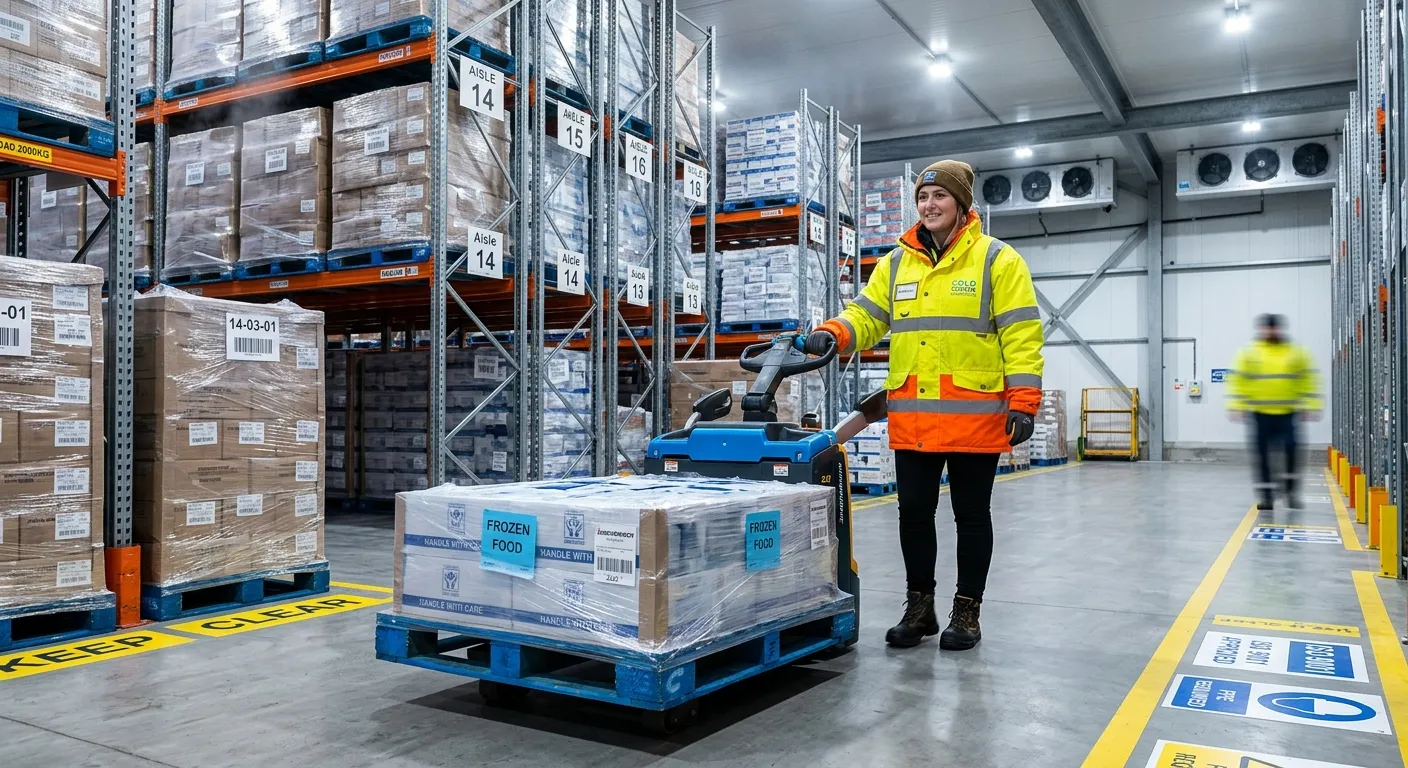 A professional, well-lit photograph of a Cold Store operative in a high-visibility jacket, safely op... A professional, well-lit photograph of a Cold Store operative in a high-visibility jacket, safely operating a pallet truck inside a modern, organised refrigerated warehouse in an industrial setting. The mood should be professional, dynamic, and highlight a safe working environment.