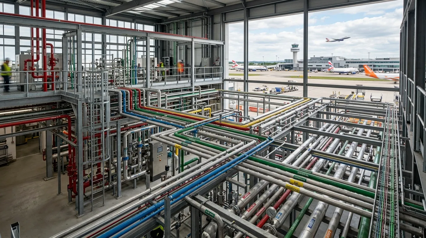 A wide-angle photo of a complex, colour-coded pipework system in a modern Gatwick-area industrial plant, showcasing neat installation against a backdrop of aviation infrastructure.
