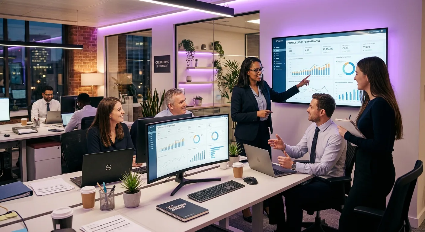 A modern UK back office environment with professional administrative, finance, and operations staff... A modern UK back office environment with professional administrative, finance, and operations staff collaborating around analytics dashboards, clean desks, laptops, and soft purple accent lighting, style: premium corporate editorial photography, mood: confident, organised, efficient.