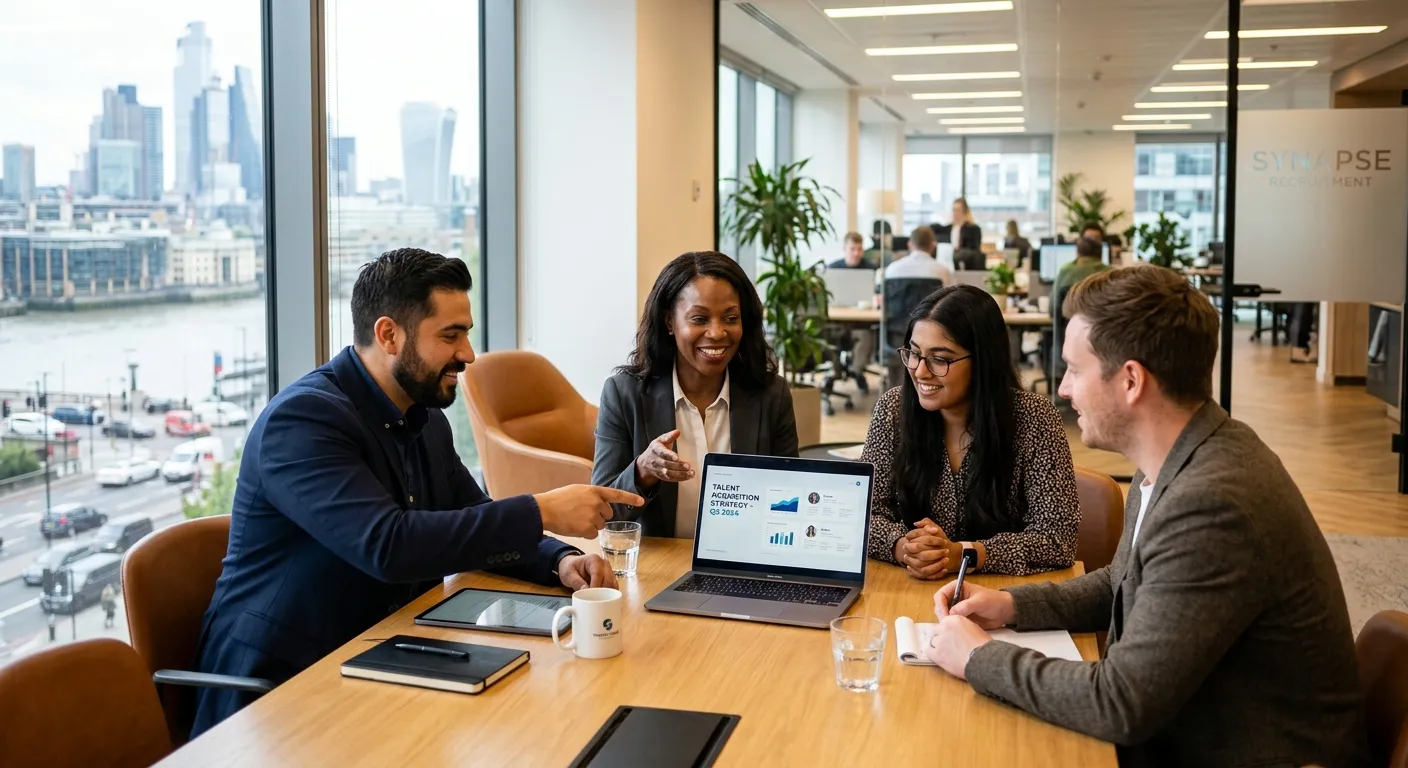 A modern, dynamic office environment showing a diverse recruitment team collaborating with a client over a laptop, with a blurred background of a bustling city skyline. Professional, energetic, and focused mood.