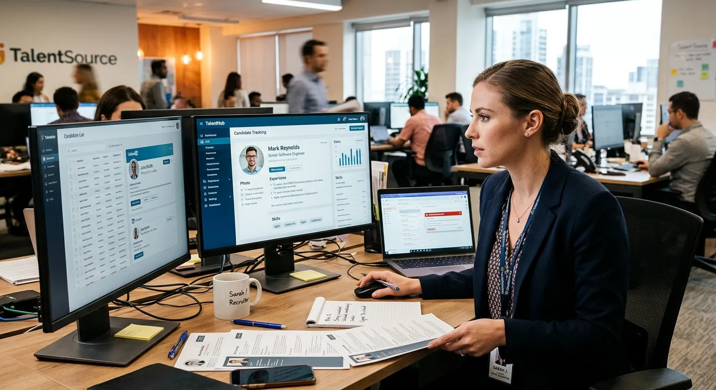 A dynamic, high-energy photo of a professional recruitment consultant reviewing candidate profiles o... A dynamic, high-energy photo of a professional recruitment consultant reviewing candidate profiles on multiple digital screens in a modern office, conveying urgency and efficiency.