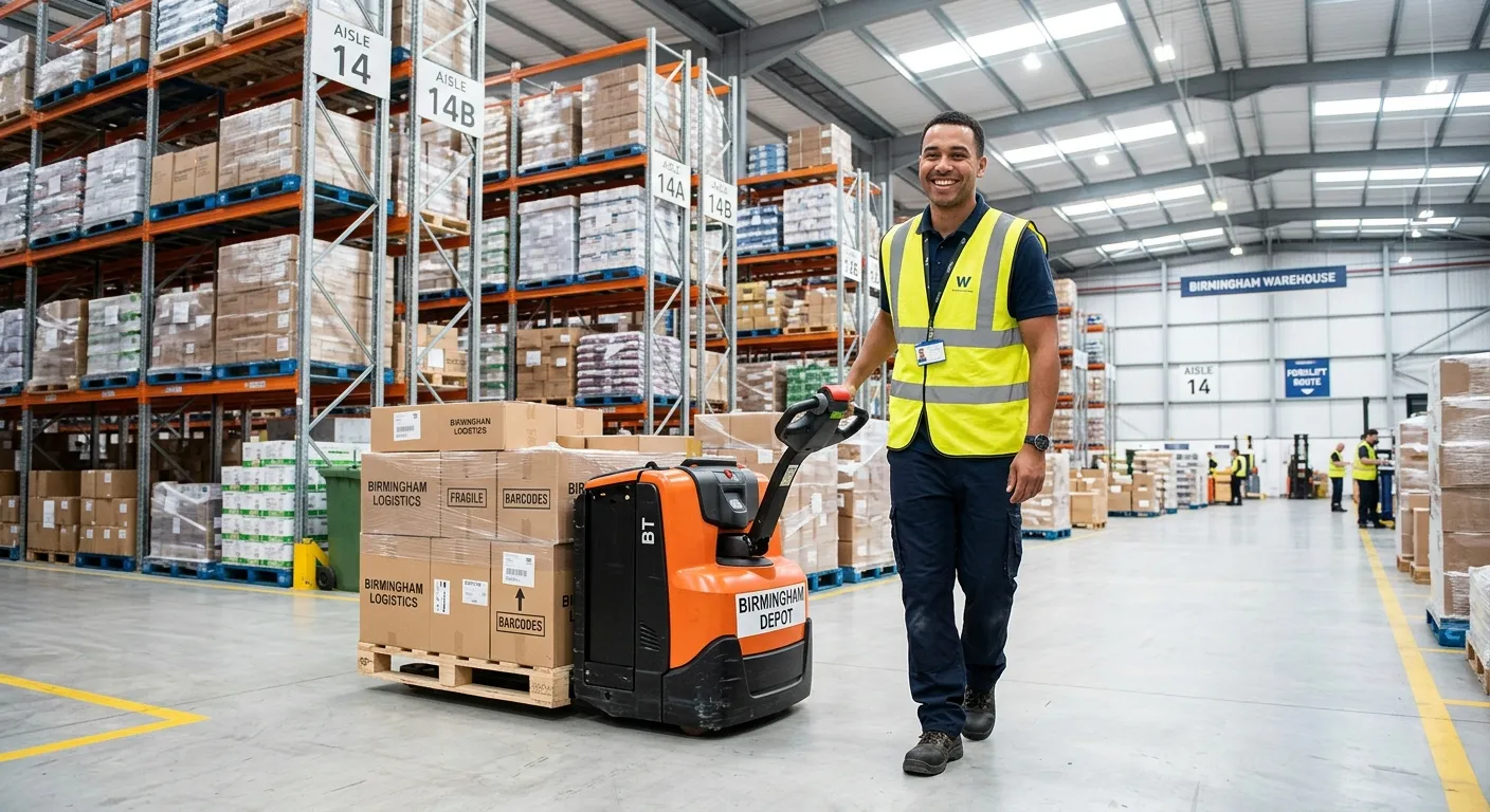 A dynamic, professional photo of a modern warehouse operative in a high-vis vest, confidently operating a pallet truck in a clean, well-organised warehouse in Birmingham. The mood is productive, efficient, and welcoming.