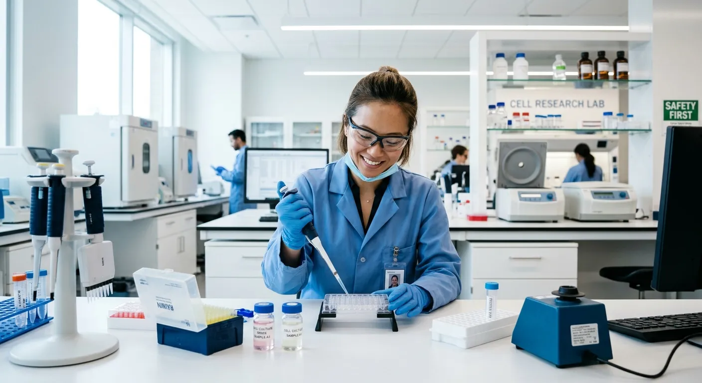 modern clean laboratory with lab technician in PPE working at bench, bright professional lighting, s... modern clean laboratory with lab technician in PPE working at bench, bright professional lighting, shallow depth of field, confident mood