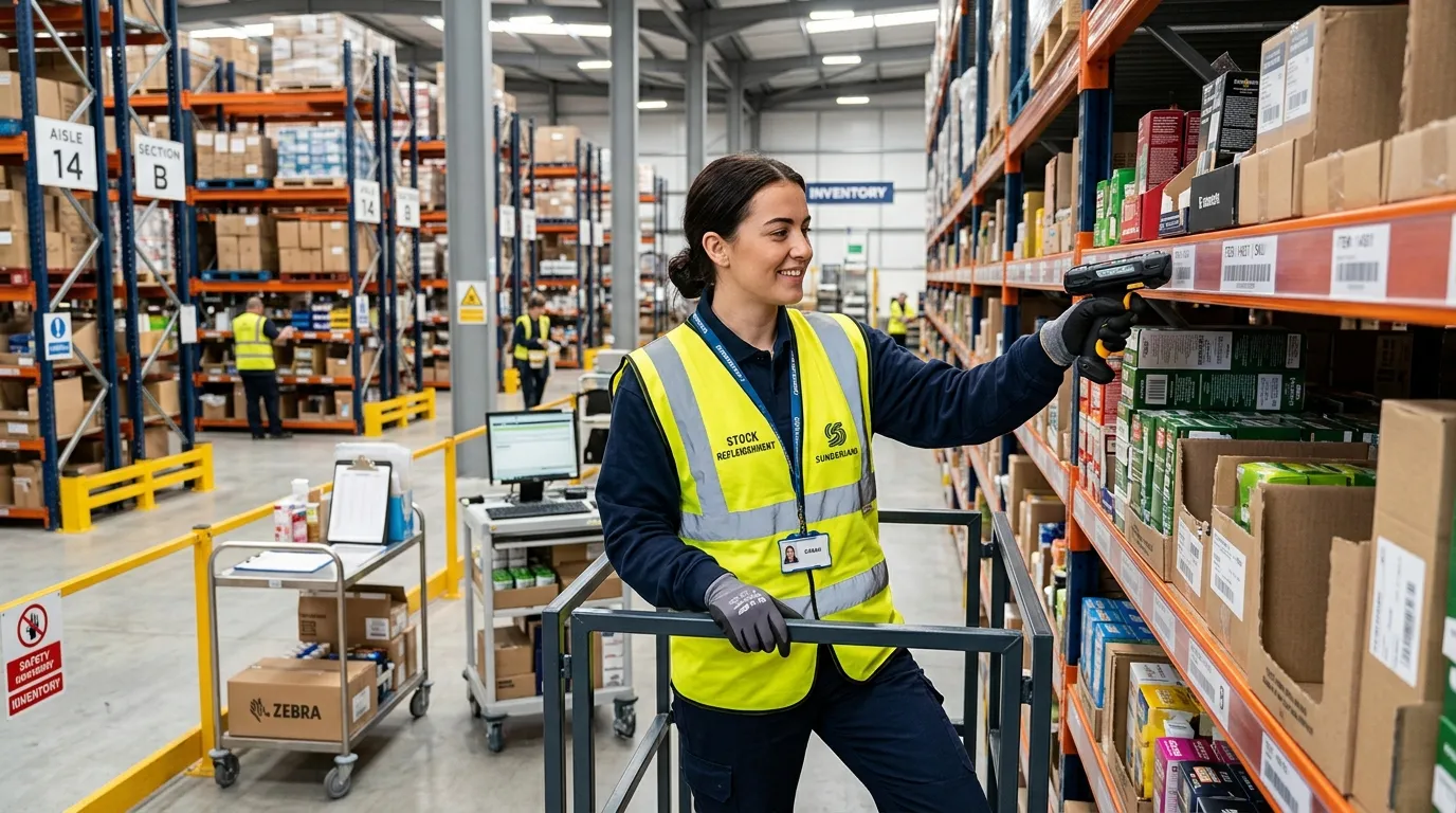 Professional, dynamic hero image showing a Stock Replenishment Assistant in a modern, well-organised warehouse in Sunderland, wearing a hi-vis vest, scanning a barcode on a shelf with a handheld scanner. The environment should be bright, clean, and efficient, conveying a sense of professionalism and opportunity. Focus on the individual's action and the organised stock behind them.