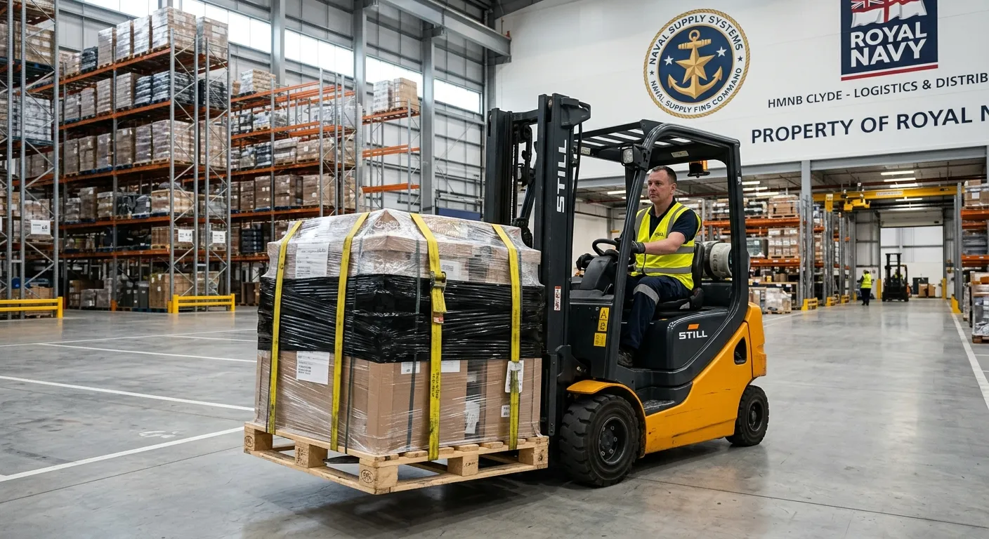 A counterbalance forklift driver in hi-vis gear carefully moving a large, securely-strapped pallet in a vast, clean, high-bay warehouse with naval logos visible in the background