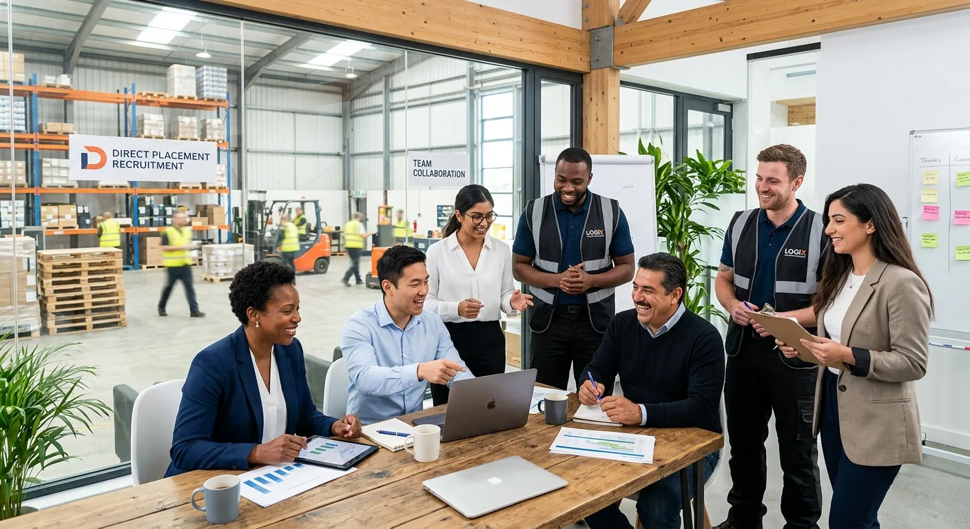 A professional, diverse group of office and warehouse employees collaborating in a modern, bright wo... A professional, diverse group of office and warehouse employees collaborating in a modern, bright workspace, representing successful direct placements. Style: Bright, sharp, and aspirational corporate photography.