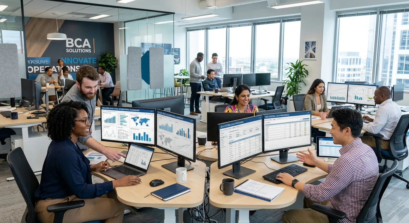 A dynamic, high-tech office environment with a diverse team of back office professionals working col... A dynamic, high-tech office environment with a diverse team of back office professionals working collaboratively at modern desks, some using dual monitors displaying data analytics and BCA software. Style: Professional, vibrant, and modern. Mood: Efficient, innovative, and forward-thinking.