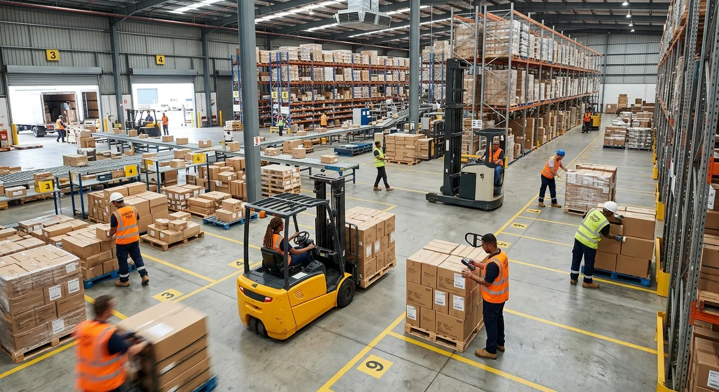 A dynamic, high-angle shot of a modern, well-organized warehouse floor. A diverse team of temporary... A dynamic, high-angle shot of a modern, well-organized warehouse floor. A diverse team of temporary workers efficiently moves goods with forklifts and scanners. The mood is energetic, productive, and professional, showcasing seamless logistics.
