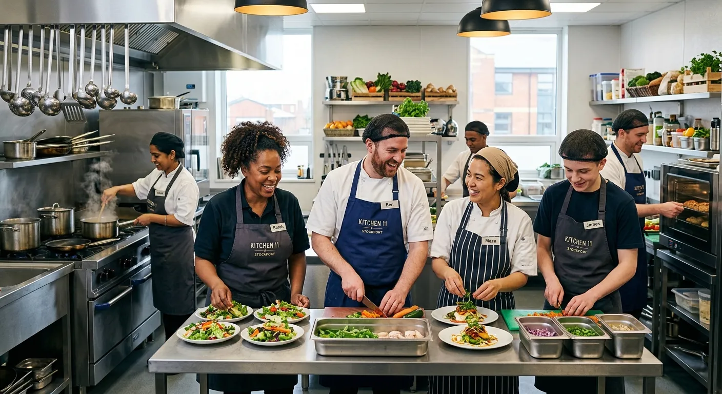 A professional, high-energy kitchen scene in Stockport. A diverse team of chefs and catering assista... A professional, high-energy kitchen scene in Stockport. A diverse team of chefs and catering assistants are preparing food in a clean, modern commercial kitchen, smiling and collaborating. The mood is dynamic, professional, and welcoming.