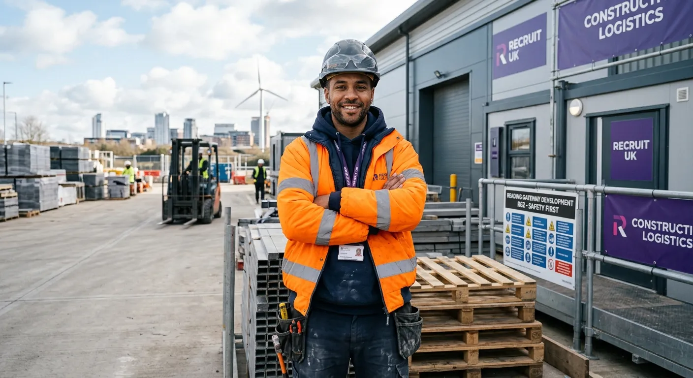 A confident UK Labourer / General Operative wearing high-visibility clothing and safety boots on a c... A confident UK Labourer / General Operative wearing high-visibility clothing and safety boots on a clean construction or logistics site near Reading RG2, professional recruitment hero image, bright daylight, slate and royal purple brand accents, practical and trustworthy mood