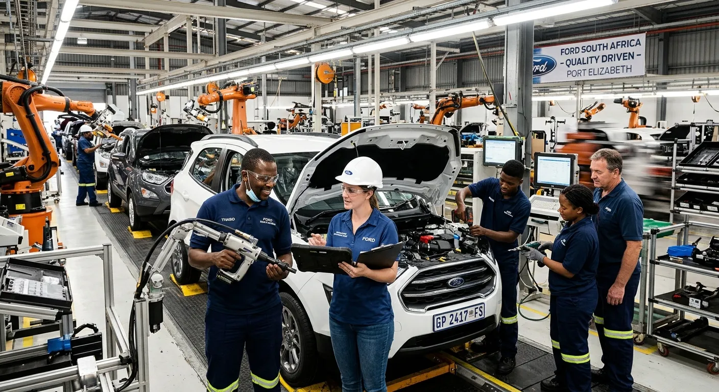 A dynamic, professional photo of a modern automotive assembly line in South Africa, with diverse technicians and engineers collaborating. Bright, high-contrast lighting, focusing on technology and teamwork.
