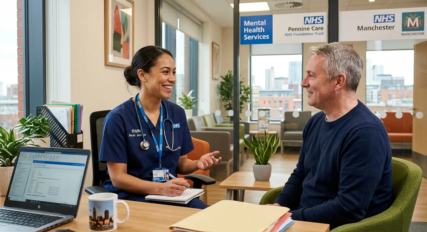 A professional, confident Registered Mental Health Nurse (RMN) in a modern healthcare setting in Man... A professional, confident Registered Mental Health Nurse (RMN) in a modern healthcare setting in Manchester, smiling and engaging with a patient. The mood is compassionate, competent, and trustworthy.