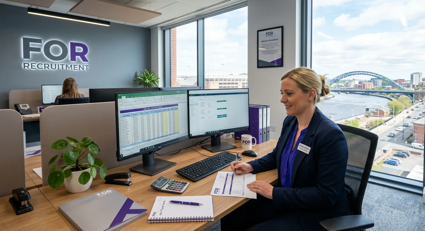 A bright, professional UK office scene showing a payroll administrator working with spreadsheets and payslips, with a Sunderland cityscape visible through the window, clean slate and royal purple branding, modern recruitment agency style