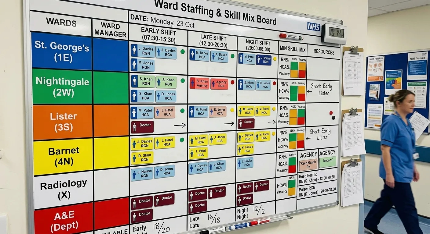 A realistic NHS hospital planning board showing ward names, shift times, skill mix indicators, and agency staff availability cards arranged in a colour-coded grid