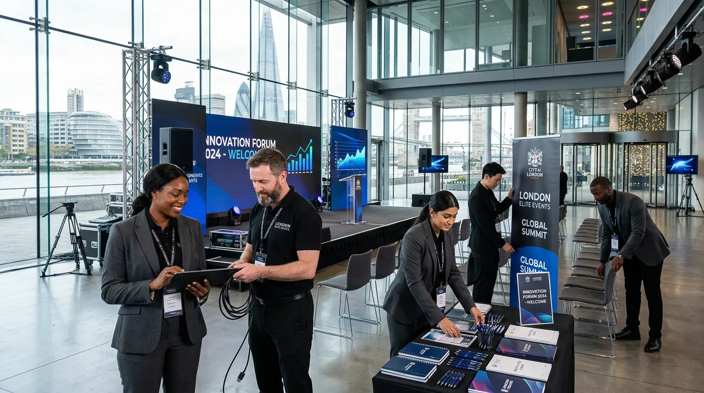 A dynamic, professional hero image showing a diverse team of corporate event staff in London. They are impeccably dressed, engaged in setting up a modern conference venue. One is checking a tablet, another is arranging high-end AV equipment, and others are placing branded materials. The style is crisp, bright, and professional, capturing the energy and precision of elite event management.