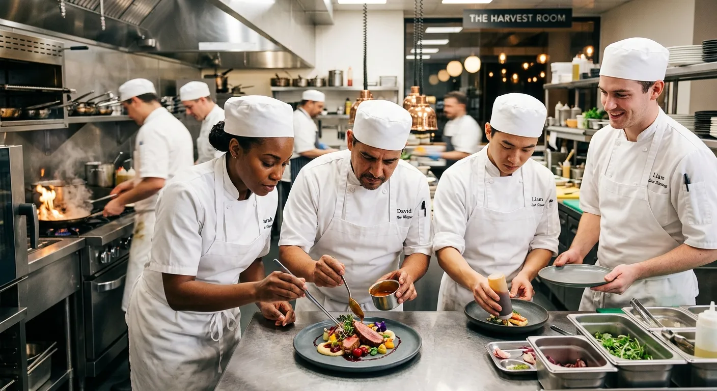 Professional, high-energy kitchen scene. A diverse team of chefs in crisp whites collaborating on a beautifully plated dish in a modern, well-lit restaurant kitchen. Focus on skill, precision, and teamwork.